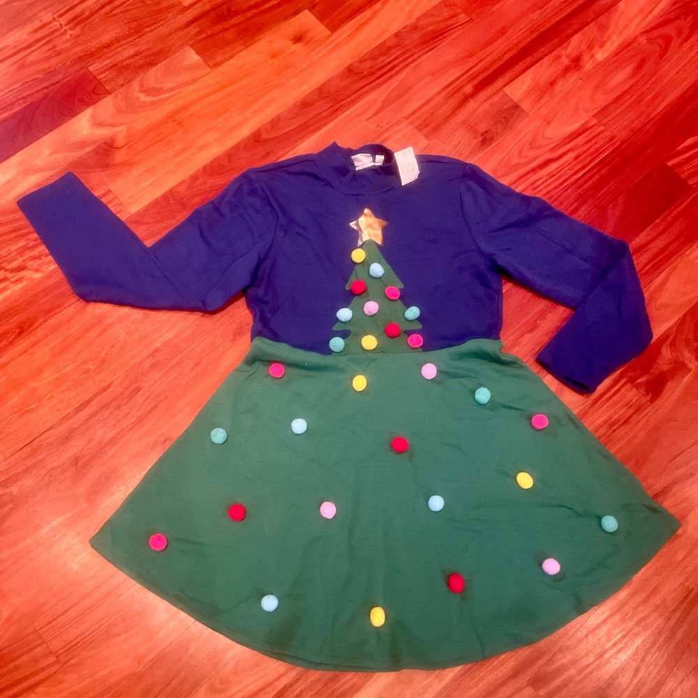 **NEW** Girl's navy Holiday Christmas Tree Pom Pom Dress Size Large (2available)
